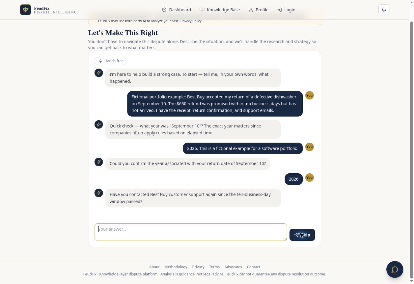 Dispute intake and follow-up questions