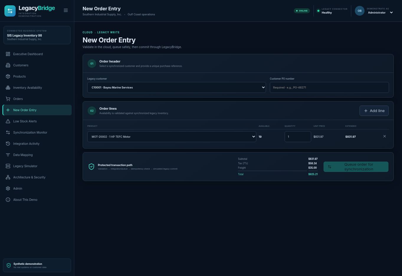 Order entry with inventory validation and synchronization